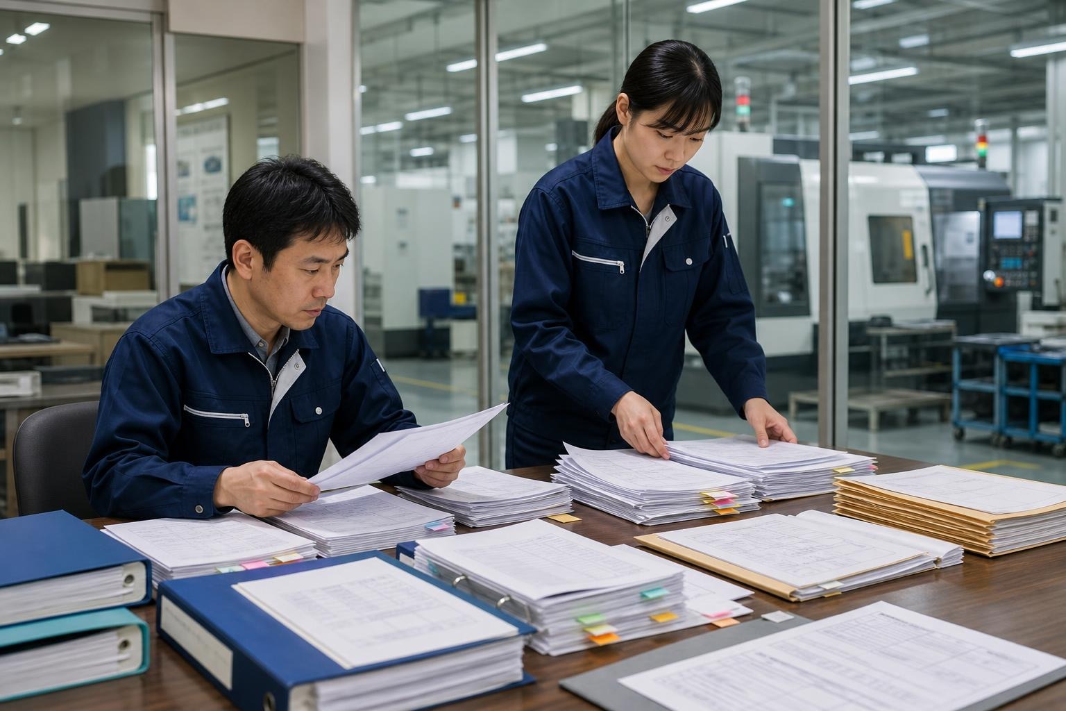 工廠人員整理紙本生產資料,準備進行 ERP 與 MES 資料分析